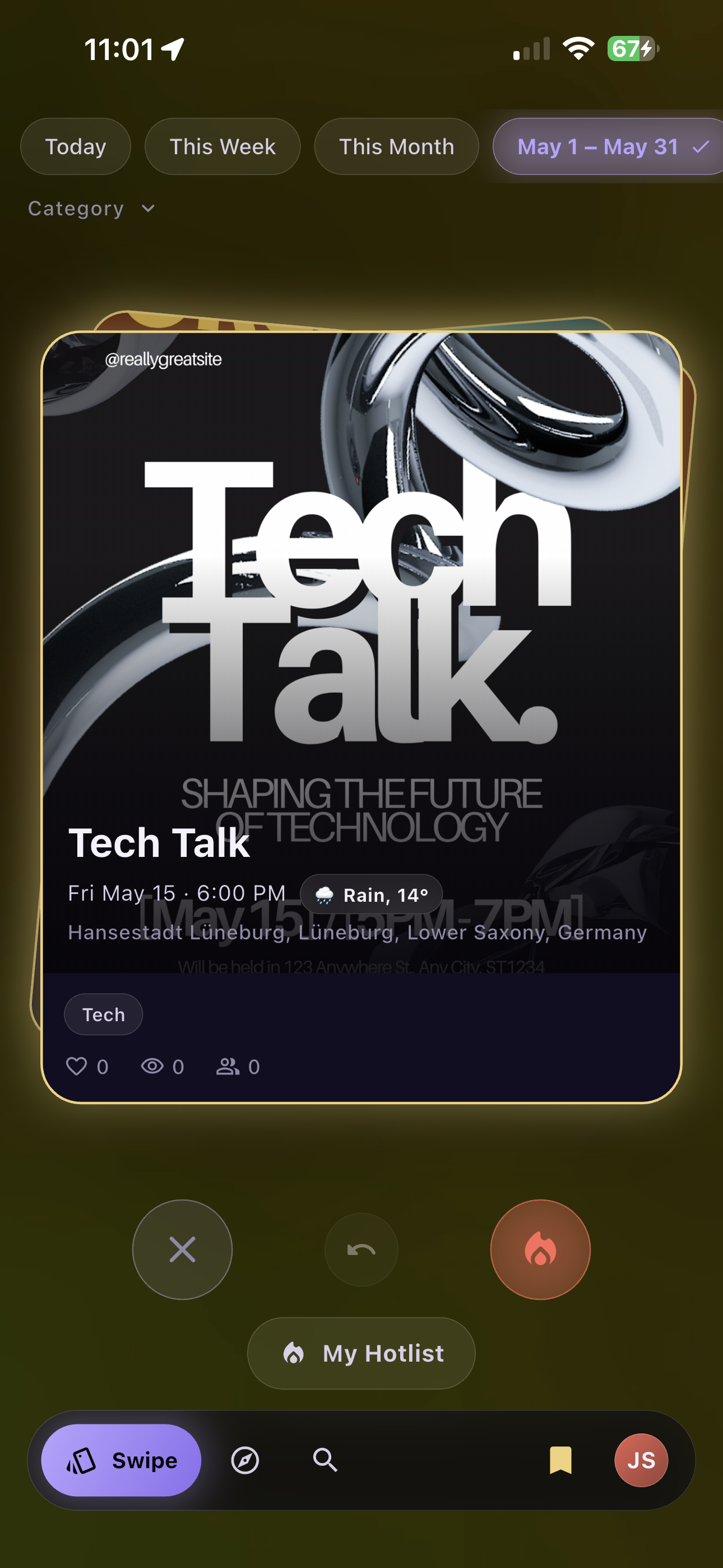 Nariboo swipe screen showing event cards
