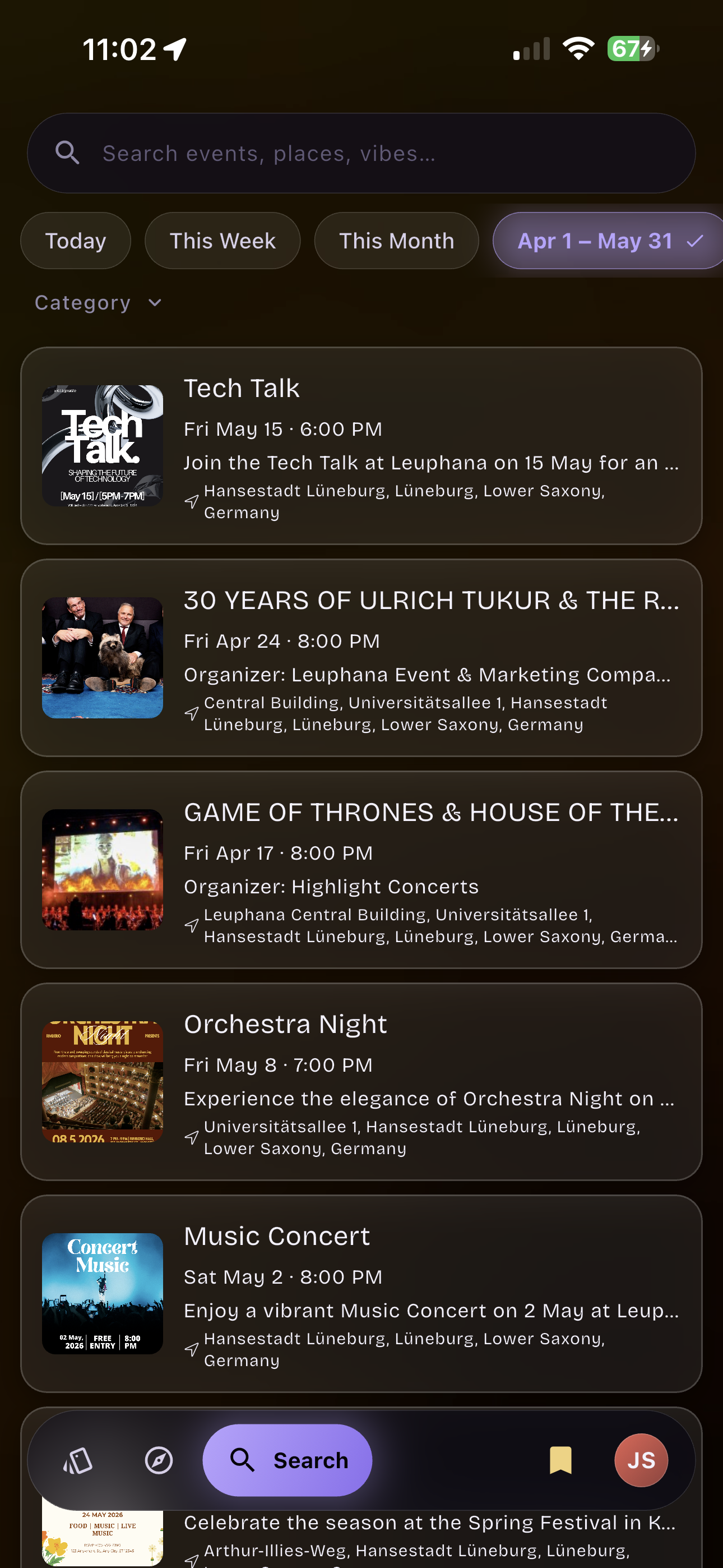 Nariboo search screen with event list